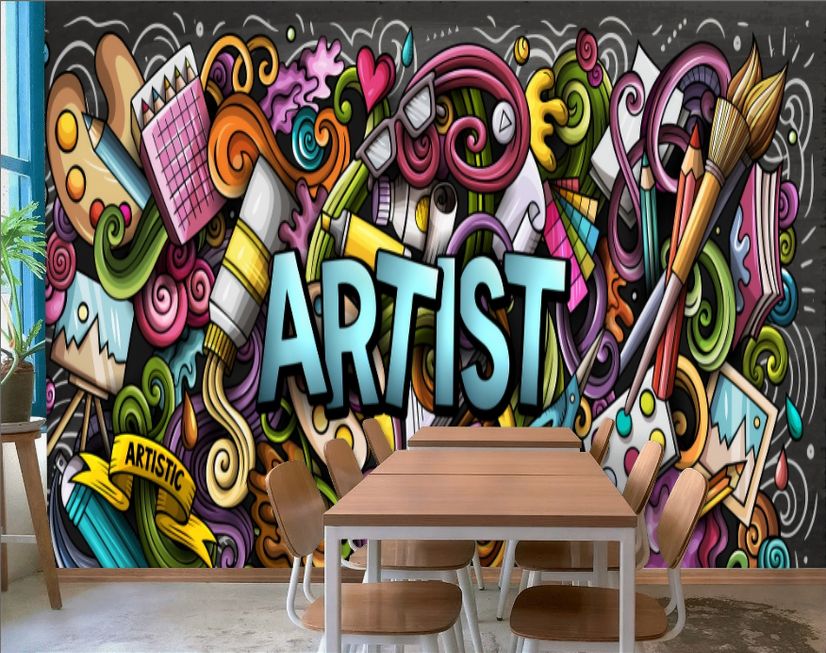 Drawing Graffiti Artist with Colorful Painting Wallpaper Mural