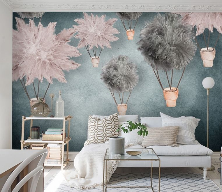 Gray Pink Feather Hot Air Balloon Wallpaper Mural