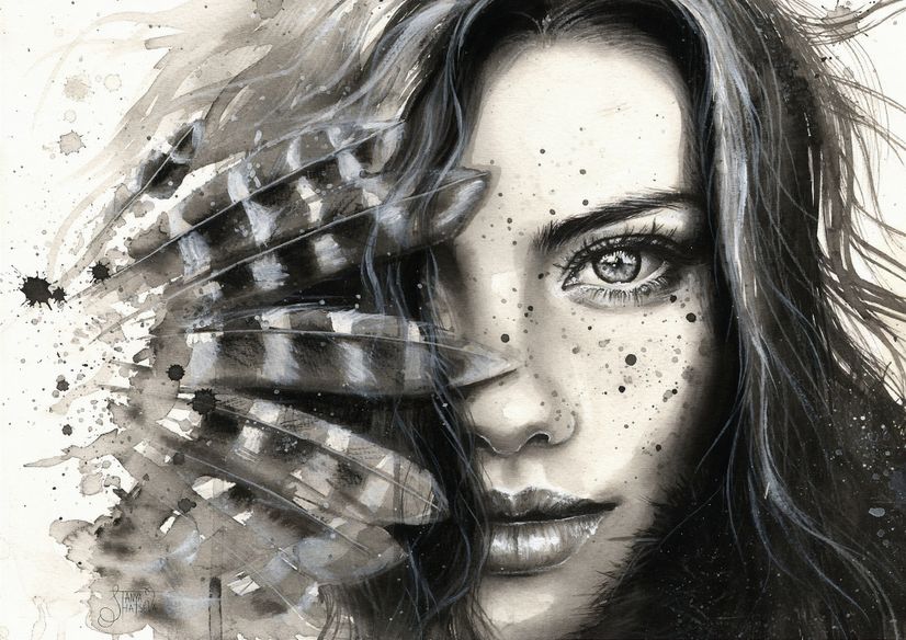 Monochrome Portrait Girl with Black Feathers Wallpaper Mural