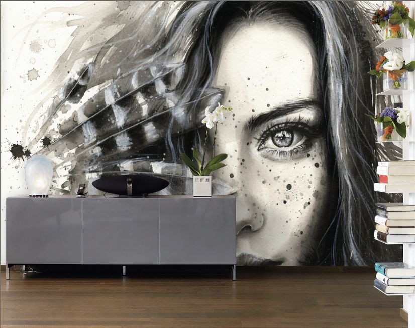 Monochrome Portrait Girl with Black Feathers Wallpaper Mural