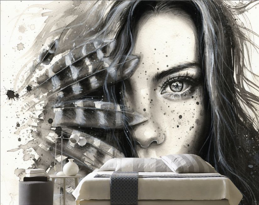 Monochrome Portrait Girl with Black Feathers Wallpaper Mural
