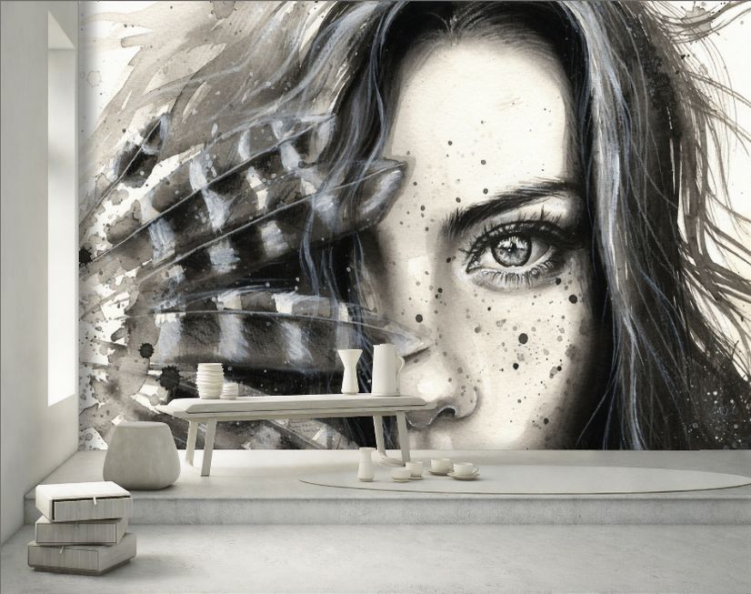 Monochrome Portrait Girl with Black Feathers Wallpaper Mural