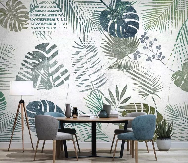 Retro Tropical Leaf Pattern Wallpaper Mural