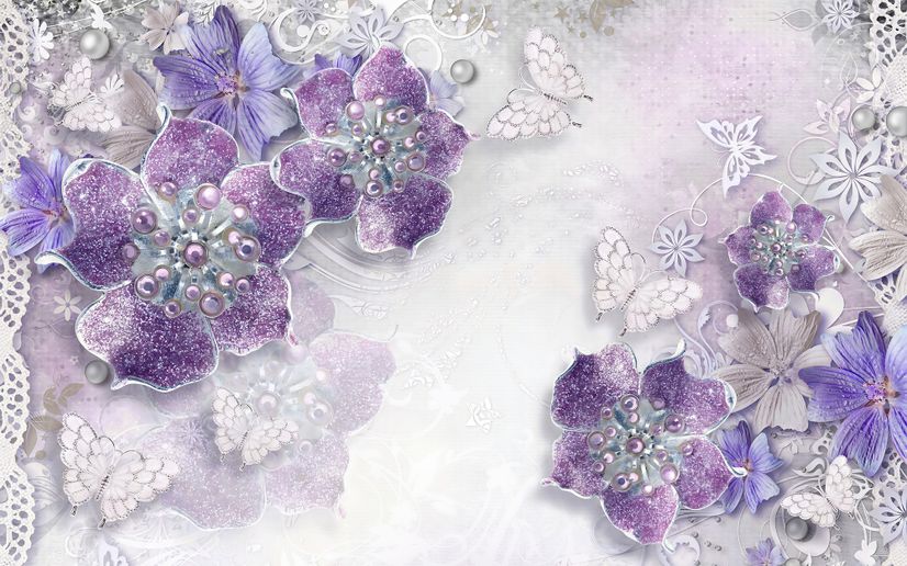 Purple Ornament Floral with Little Butterfly Wallpaper Mural