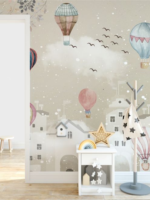 Simple Modern Mountains With Hot Balloons Nursery Wallpaper Wall