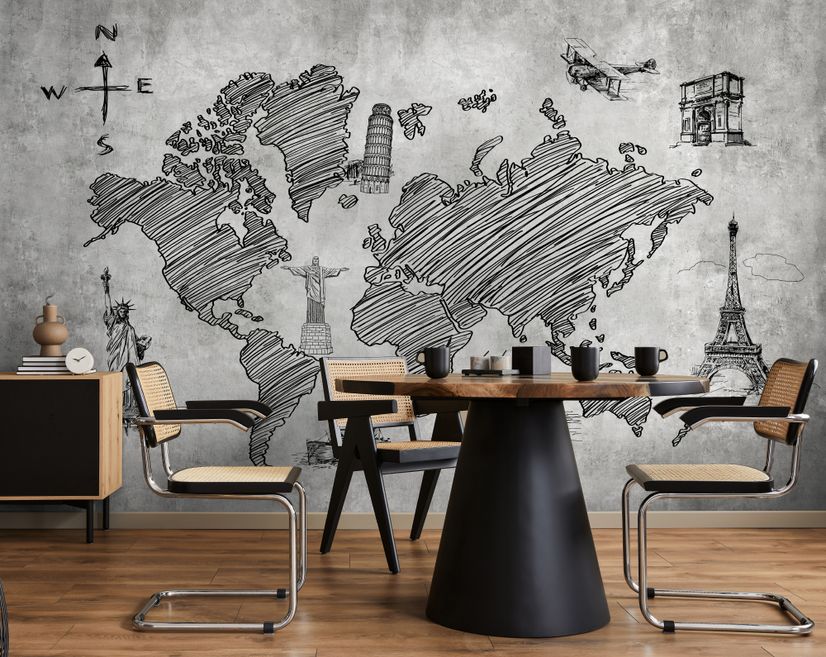 Monochrome World Map Wallpaper Mural