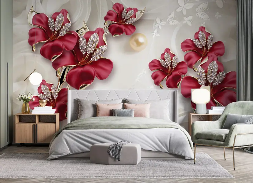 Crystal Red Floral Art Wallpaper Mural