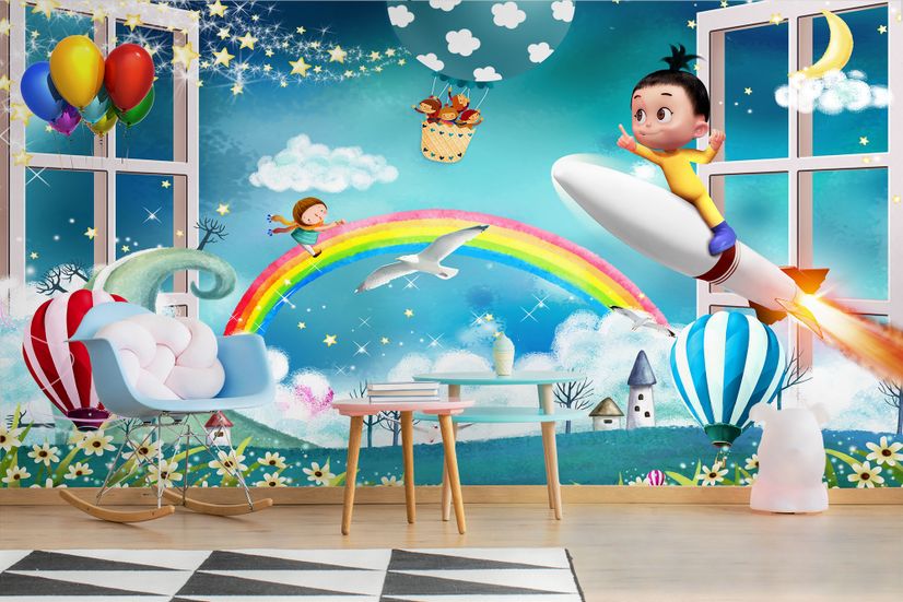Cartoon Boo Monsters and Hot Air Balloon Wallpaper Mural