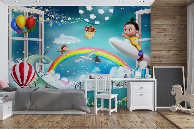 Cartoon Boo Monsters and Hot Air Balloon Wallpaper Mural