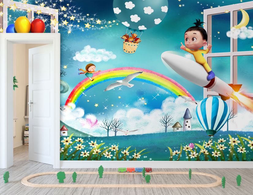 Cartoon Boo Monsters and Hot Air Balloon Wallpaper Mural
