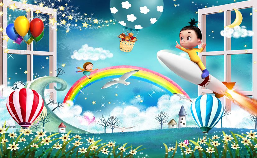 Cartoon Boo Monsters and Hot Air Balloon Wallpaper Mural