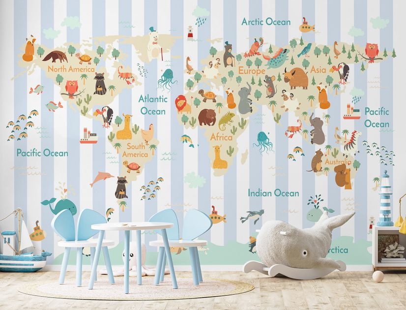 Kids Animals World Map with Stripe Pattern Wallpaper Mural