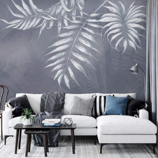 White Tropical Leafy Wallpaper Mural