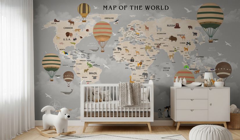 Kids World Map with Vintage Hot Air Balloon Wallpaper Mural Kids World Map with Vintage Hot Air Balloon Wallpaper Mural