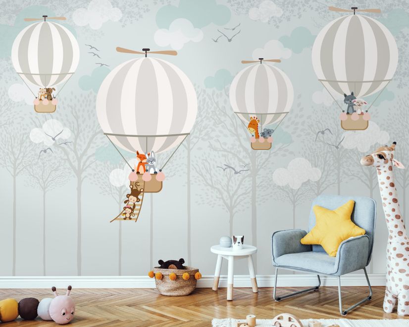Hot Air Balloons with Animals Wallpaper Mural