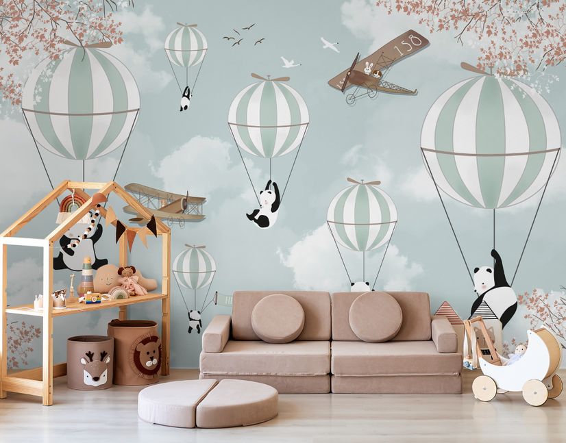 Cartoon Pandas with Hot Air Balloons Wallpaper Mural