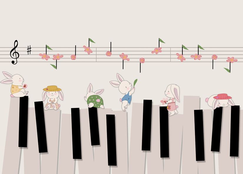 Cartoon Piano with Rabbits Wallpaper Mural