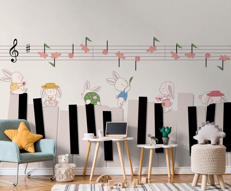 Cartoon Piano with Rabbits Wallpaper Mural