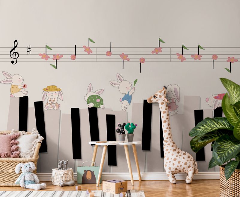Cartoon Piano with Rabbits Wallpaper Mural