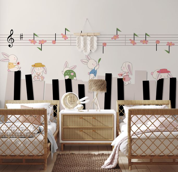 Cartoon Piano with Rabbits Wallpaper Mural