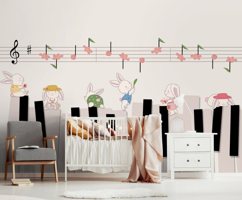 Cartoon Piano with Rabbits Wallpaper Mural