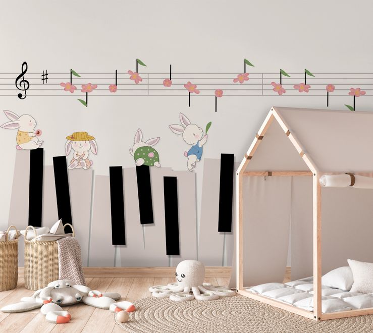 Cartoon Piano with Rabbits Wallpaper Mural