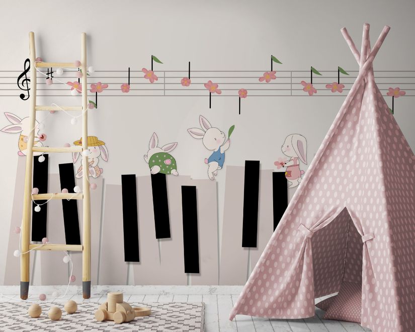 Cartoon Piano with Rabbits Wallpaper Mural