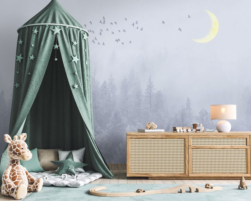 Monochrome Night Forest and Birds Wallpaper Mural