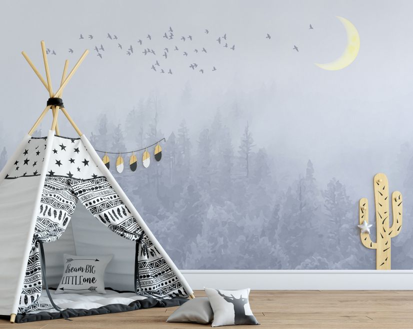 Monochrome Night Forest and Birds Wallpaper Mural
