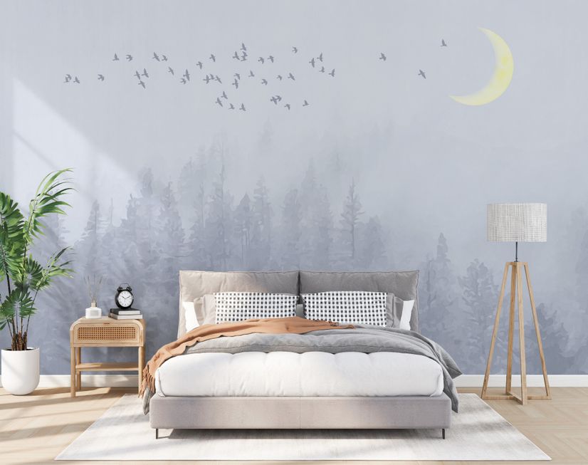 Monochrome Night Forest and Birds Wallpaper Mural