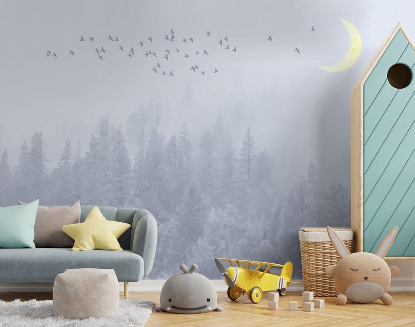 Monochrome Night Forest and Birds Wallpaper Mural