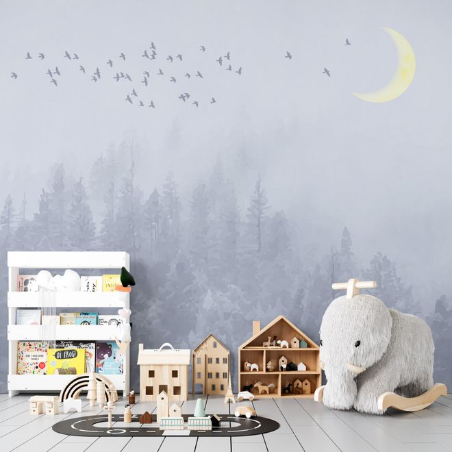 Monochrome Night Forest and Birds Wallpaper Mural