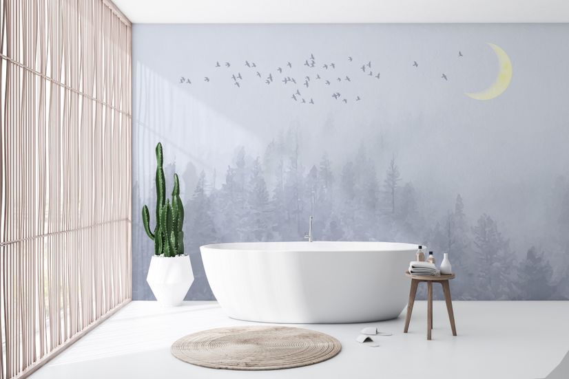 Monochrome Night Forest and Birds Wallpaper Mural