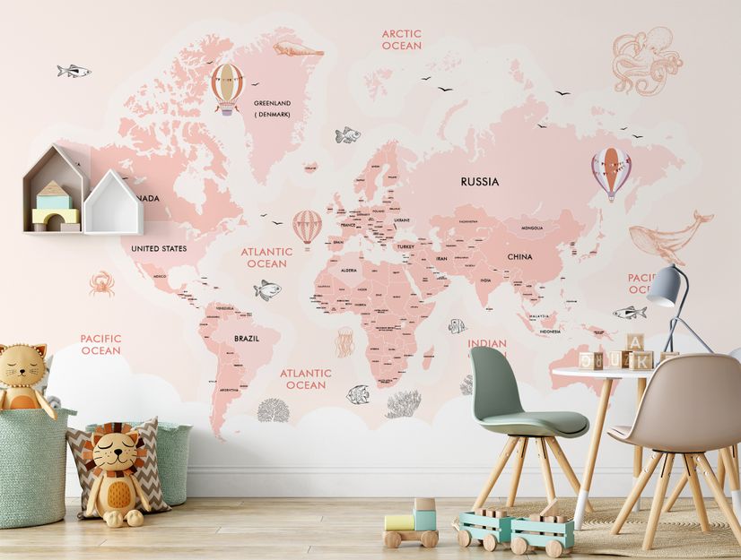 Kids Girls Cartoon Pink World Map Wallpaper Mural