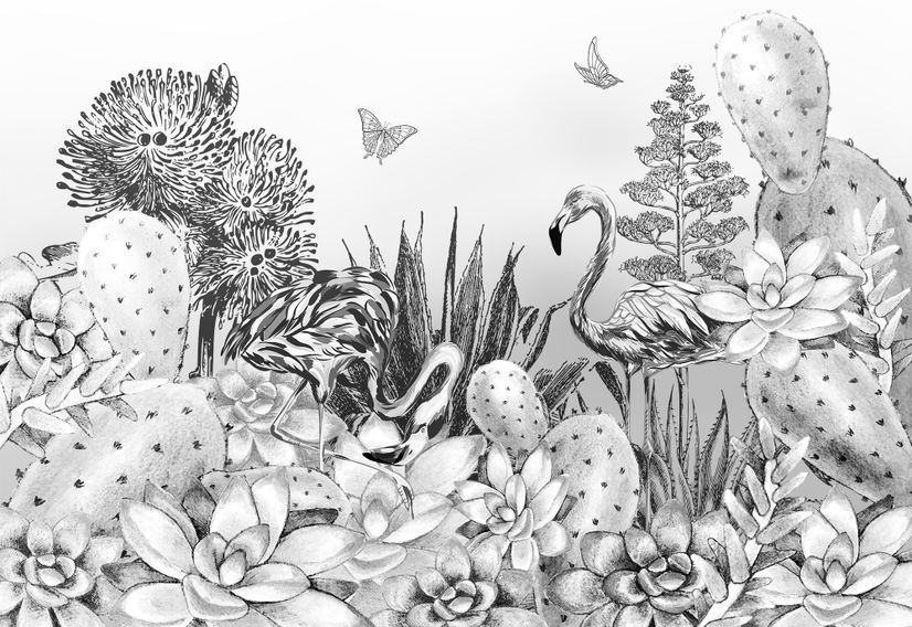 Monochrome Cactus Floral with Flamingo Drawing Wallpaper Mural