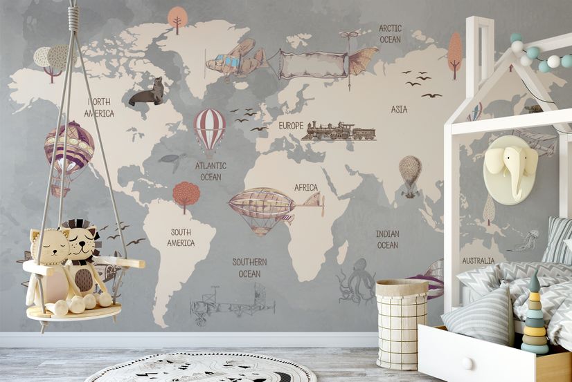 Vintage Kids World Map with Aircraft and Hot Air Balloon Wallpaper Mural