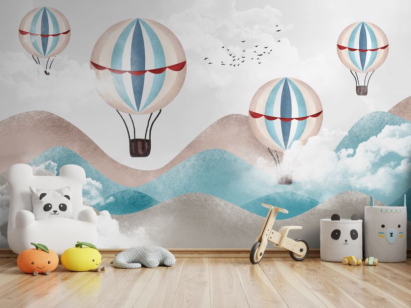 Kids Blue Brown Mountainscape with Hot Air Balloon Wallpaper Mural