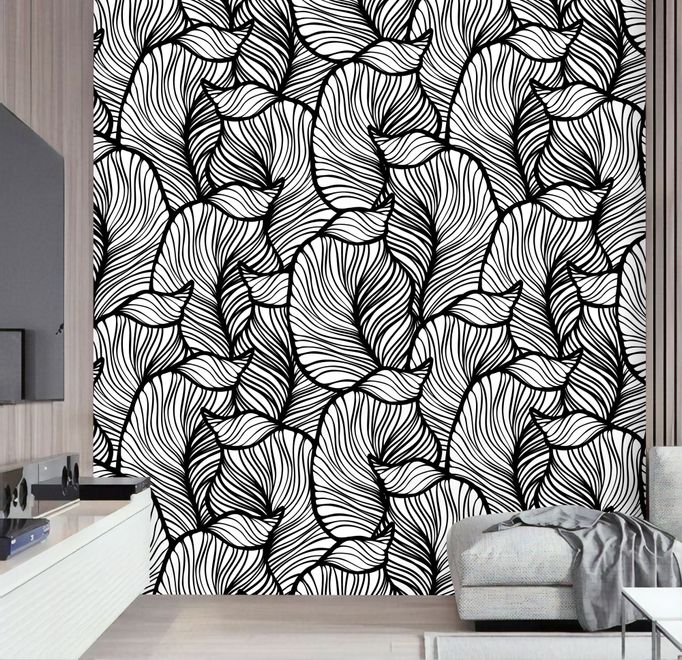 Golden Look Stylish Leaf  Line Art Wallpaper Mural