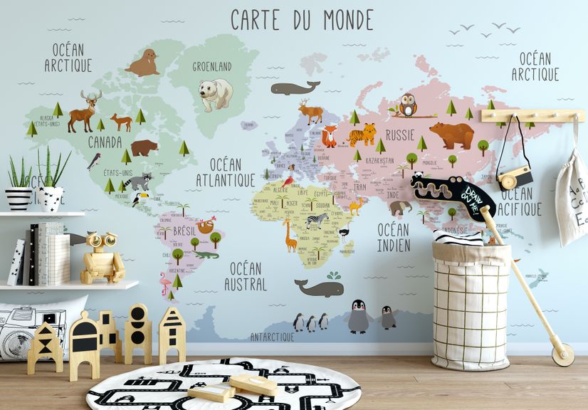  Carte éducatif en Français - Papier peint carte du monde éducative avec animaux pour enfants et bébé