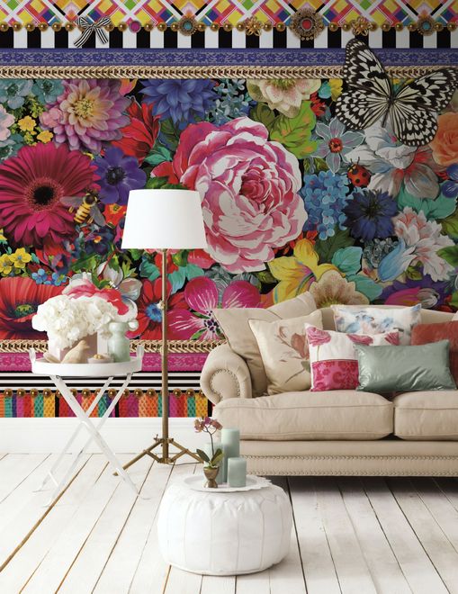 Bohemian Floral Wallpaper with Peony Dianthus Violet Wallpaper Mural