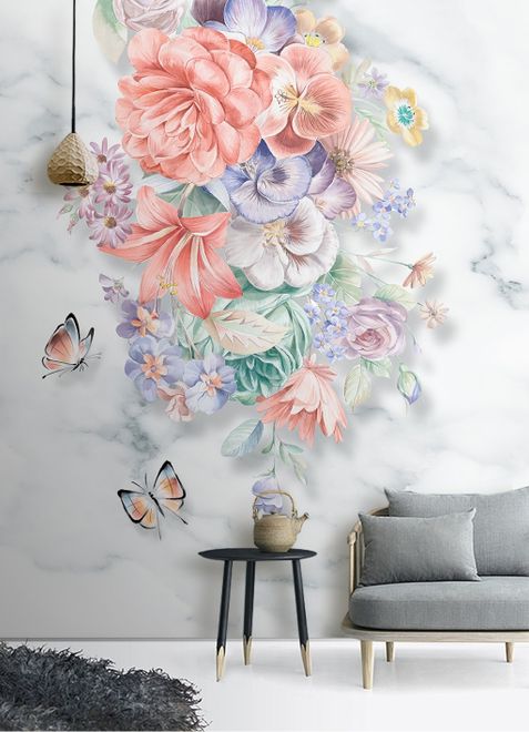 Boho Floral Bouqet with Marble Pattern Wallpaper Mural