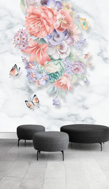 Boho Floral Bouqet with Marble Pattern Wallpaper Mural