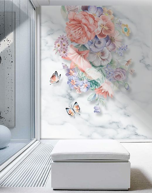 Boho Floral Bouqet with Marble Pattern Wallpaper Mural