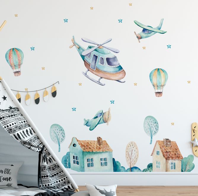 Kids Cartoon Village for Boys Watercolor Aircraft and Hot Air Balloon Wall Decal Sticker