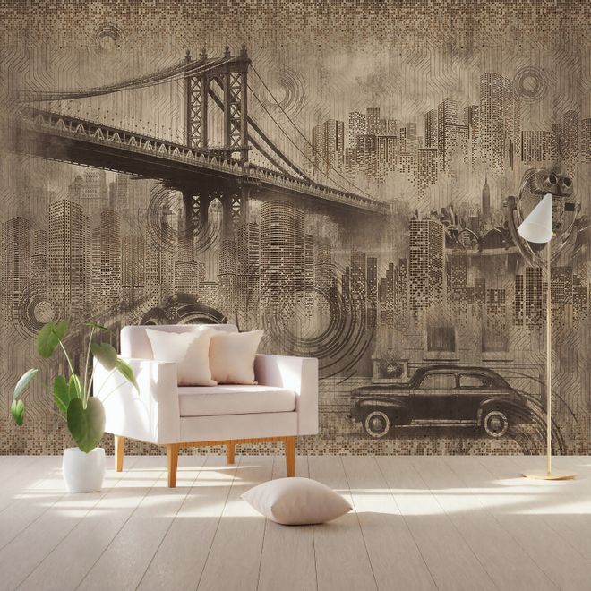European Vintage City with Brooklyn Bridge Wallpaper Mural