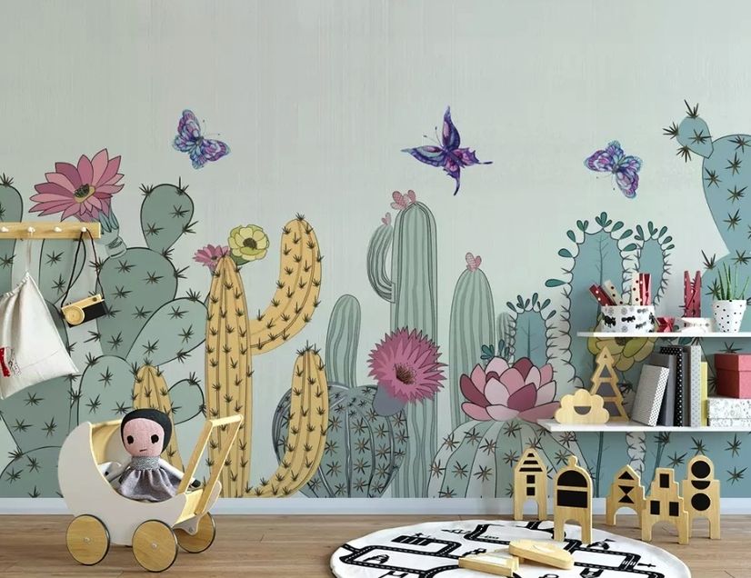 Watercolor Drawing Cactuses and Butterfly Wallpaper Mural