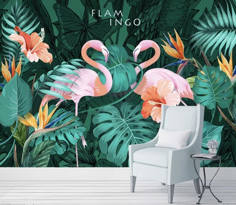 Coral and Pink Flamingo with Tropical Leafy Wallpaper Mural
