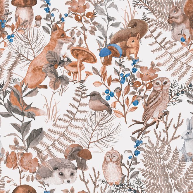 Watercolor Cute Kids Forest Animals in Forest Wallpaper Mural