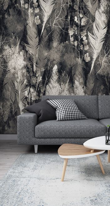 Dark Feather Monochrome Wallpaper Mural