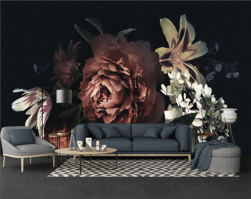 Dark Floral Bouqet with Red Peony and Lily Wallpaper Mural